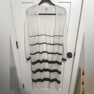 Chico's Size 1 Medium Knit Long Duster Cardigan Black White Stripe Linen Blend